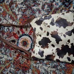 Cow Print Tote Bag with Brown Straps